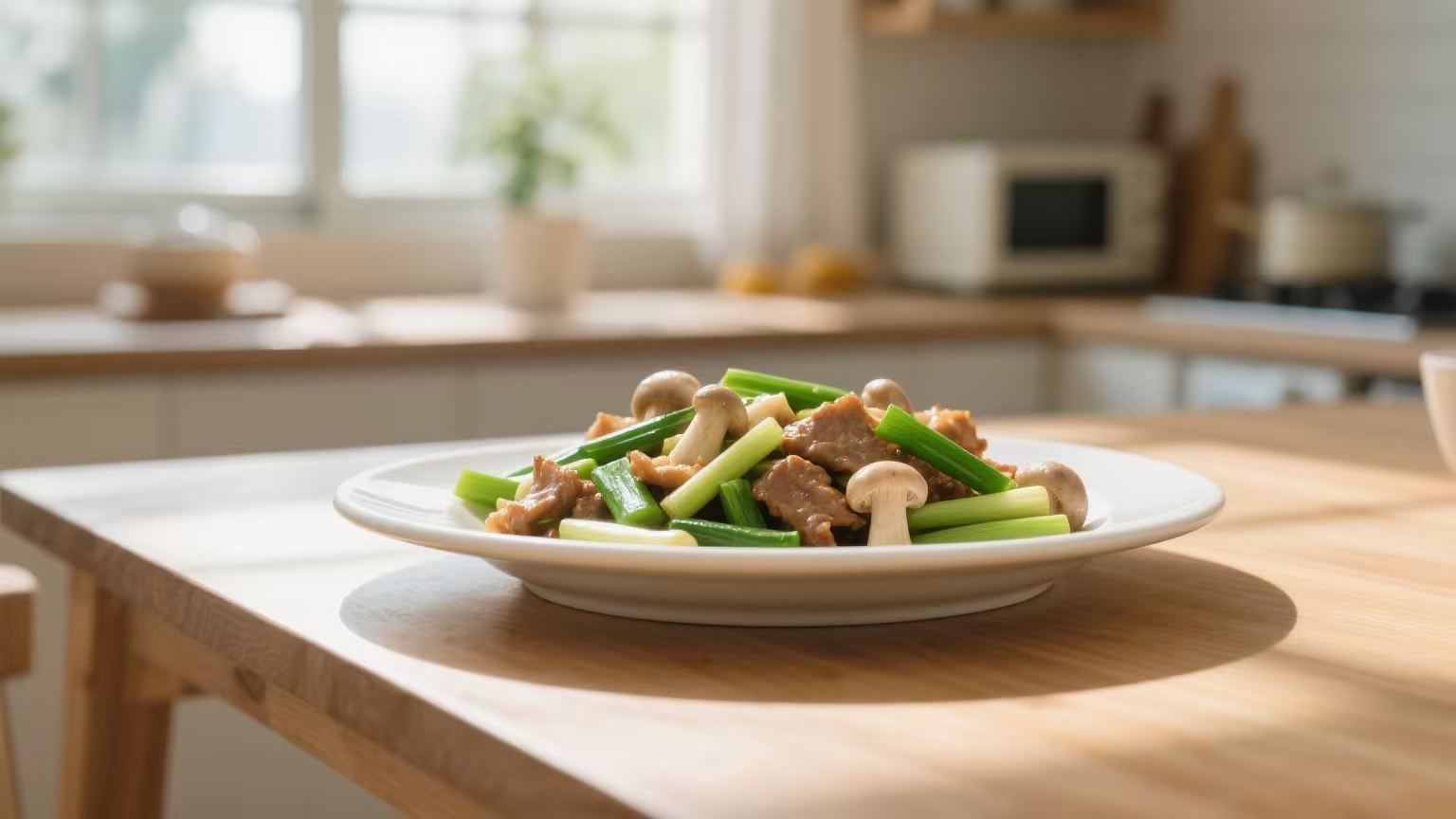 蒜苔白玉菇炒肉 (2)