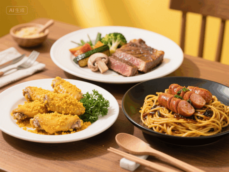 二人晚餐食谱：咸蛋黄鸡翅 + 香煎牛排 + 黑椒肉肠意面